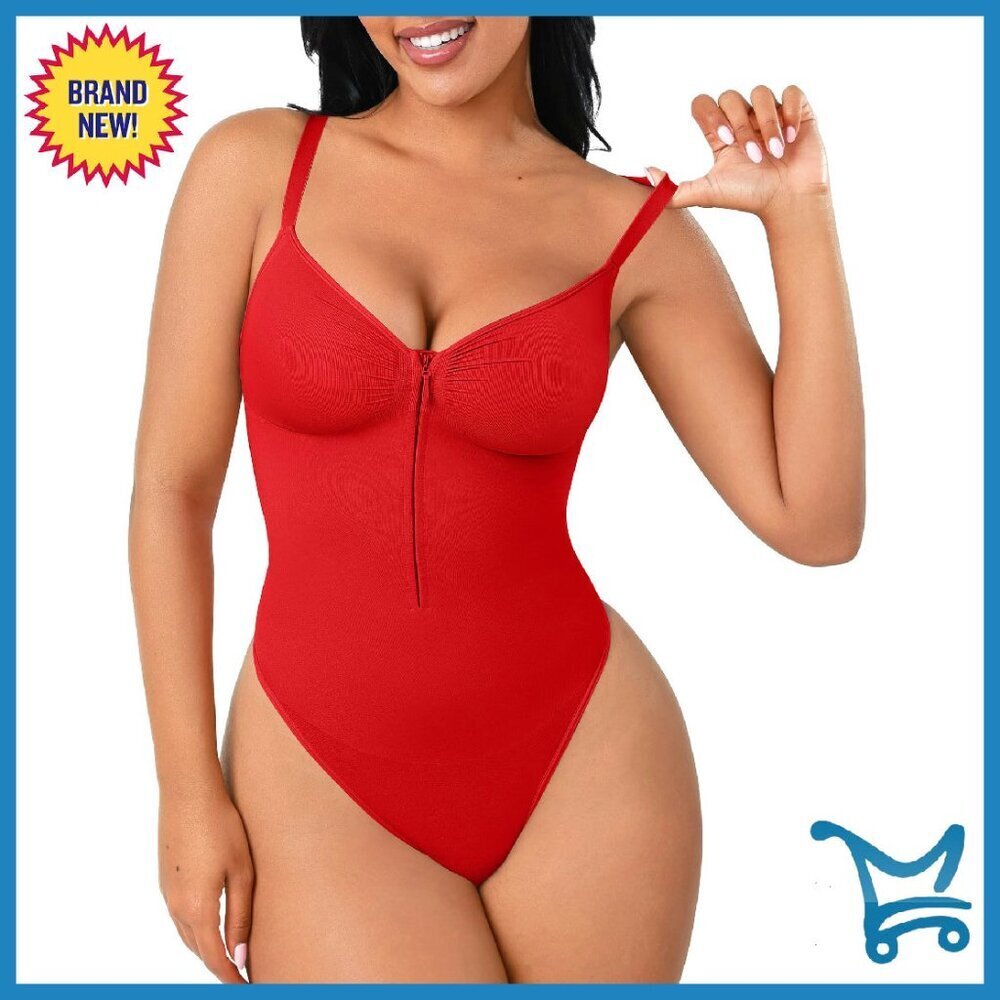 Zip-Up Tummy Control Shapewear Bodysuit Firm Support V Neck Thong
